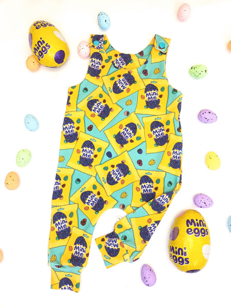Freckles and Daisies, Mini Eggs Romper, baby outfit with Mini Eggs on. Perfect fitting around nappies. Super comfy and vibrant colors.