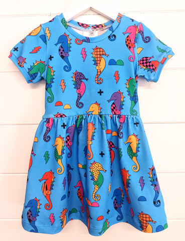Seahorse Blue Dress, Cap Sleeve