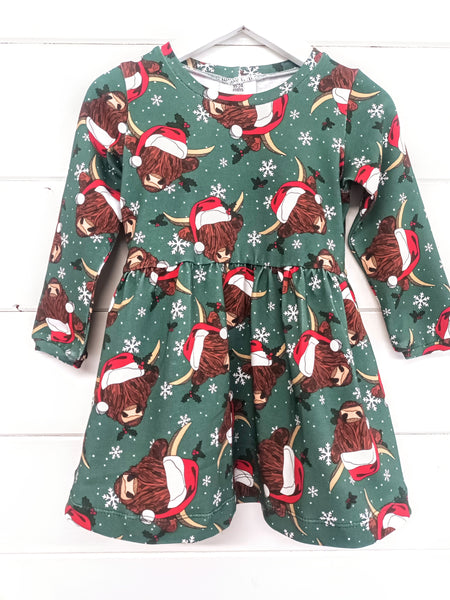 Highland Cow Christmas Twirl Dress, Long sleeve