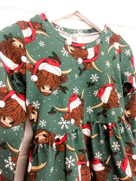 Highland Cow Christmas Twirl Dress, Long sleeve