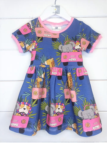 Jungle Tours Blue Twirl Dress, Cap Sleeve