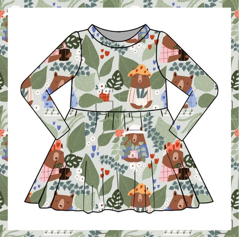 Gardening bear Twirl Dress, Long Sleeve AW25/26