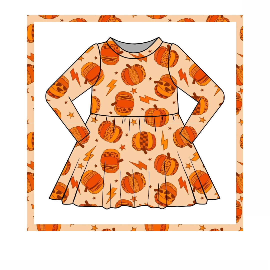 Halloween Pumpkin Bolt Twirl Dress, Long sleeve PRE ORDER