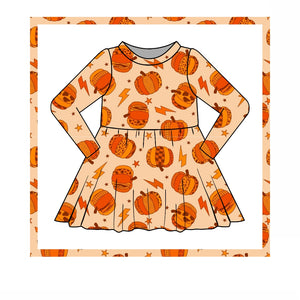 Halloween Pumpkin Bolt Twirl Dress, Long sleeve PRE ORDER