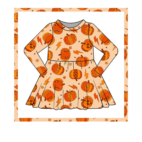 Halloween Pumpkin Bolt Twirl Dress, Long sleeve PRE ORDER