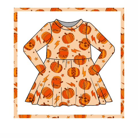 Halloween Pumpkin Bolt Twirl Dress, Long sleeve PRE ORDER
