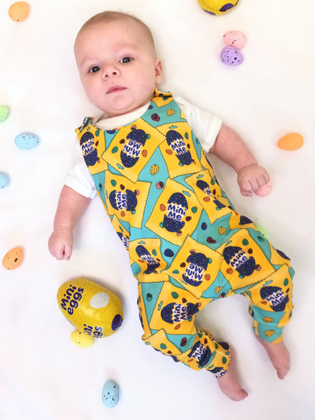 Freckles and Daisies, Mini Eggs Romper, baby outfit with Mini Eggs on. Perfect fitting around nappies. Super comfy and vibrant colors.